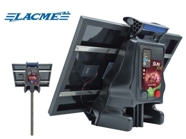 ELETTRIFICATORE LACME SUN 100, funziona a 12 + 220 Volts -  1000 MJ,  CON PANNELLO DA 14 W + BATTERIA 12V- 18 AH